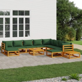 Set of 12 solid wood garden furniture pieces with green cushions by vidaXL, Garden sets - Ref: Foro24-3155326, Price: 1,00 €,...