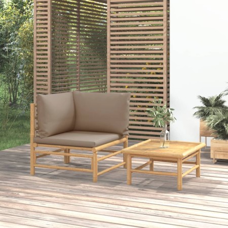 Set de muebles de jardín 2 piezas bambú y cojines gris taupe de vidaXL, Sofás modulares de exterior - Ref: Foro24-362285, Pre...