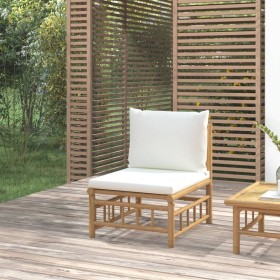 Sofá central de jardín bambú con cojines blanco crema de vidaXL, Sofás modulares de exterior - Ref: Foro24-362301, Precio: 10...