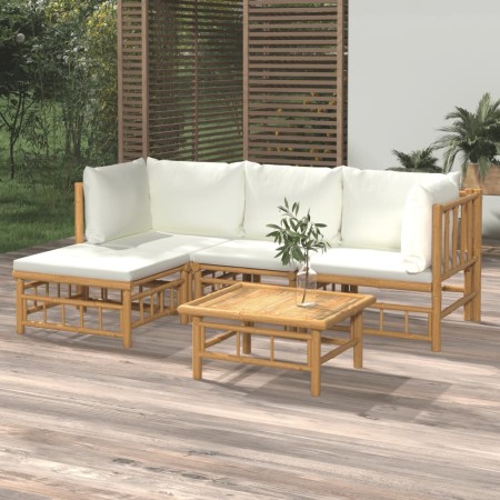 Set de muebles de jardín 5 piezas bambú y cojines blanco crema de vidaXL, Conjuntos de jardín - Ref: Foro24-3155178, Precio: ...