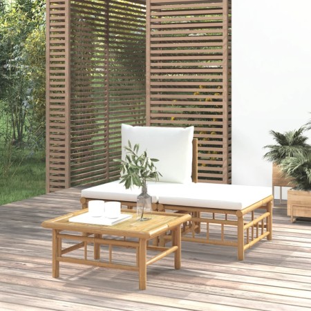 Set de muebles de jardín 3 piezas bambú y cojines blanco crema de vidaXL, Sofás modulares de exterior - Ref: Foro24-362297, P...