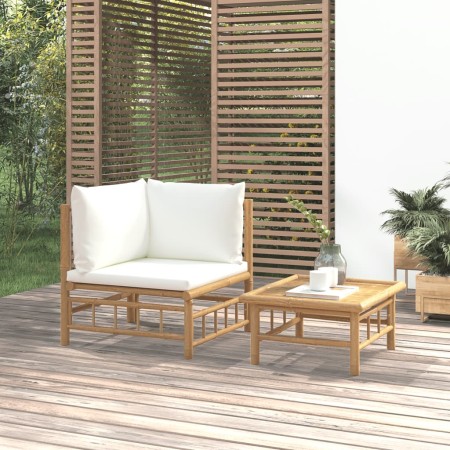 Set de muebles de jardín 2 piezas bambú y cojines blanco crema de vidaXL, Sofás modulares de exterior - Ref: Foro24-362299, P...