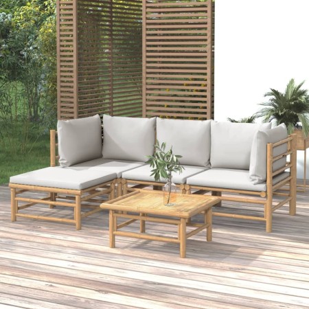 Set de muebles de jardín 5 piezas bambú y cojines gris claro de vidaXL, Conjuntos de jardín - Ref: Foro24-3155082, Precio: 34...