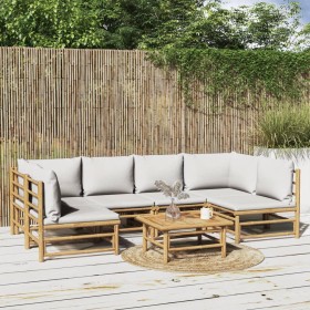 Gartenmöbel-Set 7-teilig aus Bambus und hellgrauen Kissen von vidaXL, Gartensets - Ref: Foro24-3155102, Preis: 572,99 €, Raba...