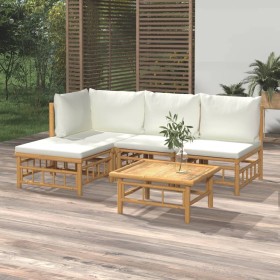 Set de muebles de jardín 5 piezas bambú y cojines blanco crema de vidaXL, Conjuntos de jardín - Ref: Foro24-3155177, Precio: ...