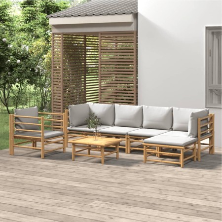 Set de muebles de jardín 7 piezas bambú y cojines gris claro de vidaXL, Conjuntos de jardín - Ref: Foro24-3155085, Precio: 59...