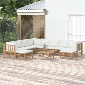 Set de muebles de jardín 11 piezas bambú y cojines blanco crema de vidaXL, Conjuntos de jardín - Ref: Foro24-3155193, Precio:...