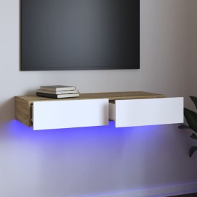 Mueble de TV con luces LED blanco y roble Sonoma 90x35x15,5 cm de vidaXL, Muebles TV - Ref: Foro24-832877, Precio: 54,99 €, D...