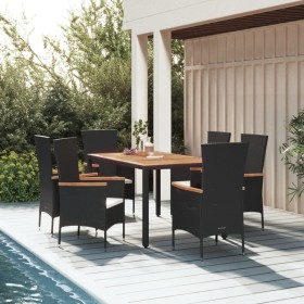 Set de comedor de jardín 7 pzas y cojines ratán sintético negro de vidaXL, Conjuntos de jardín - Ref: Foro24-3157531, Precio:...