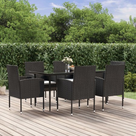 Set de comedor de jardín 7 pzas y cojines ratán sintético negro de vidaXL, Conjuntos de jardín - Ref: Foro24-3156779, Precio:...