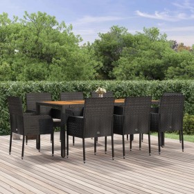 Set de comedor de jardín 9 pzas y cojines ratán sintético negro de vidaXL, Conjuntos de jardín - Ref: Foro24-3185016, Precio:...