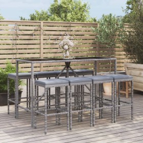 Garden table and high stools 9 pieces and gray PE rattan cushions by vidaXL, Garden sets - Ref: Foro24-3187638, Price: 363,99...