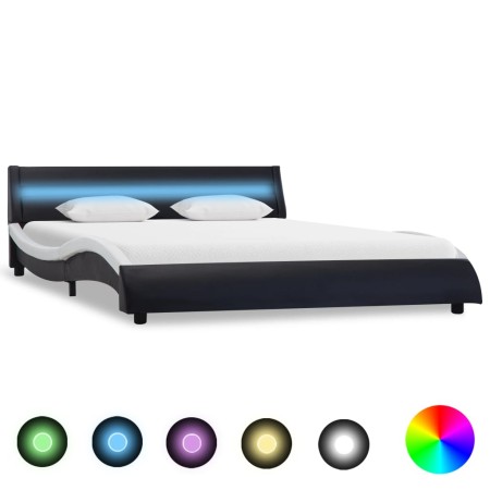 Estructura cama con LED cuero sintético negro blanco 160x200 cm de vidaXL, Camas y somieres - Ref: Foro24-285688, Precio: 293...