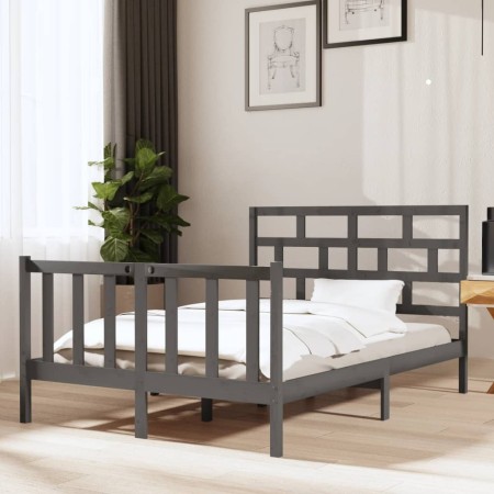 Gray double solid pine wood bed frame 135x190cm by vidaXL, Beds and slatted bases - Ref: Foro24-3101325, Price: 151,10 €, Dis...