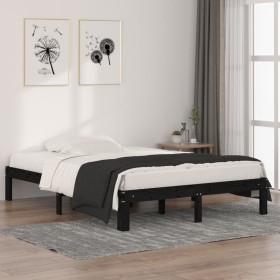 Black solid wood double bed frame 135x190 cm by vidaXL, Beds and slatted bases - Ref: Foro24-810344, Price: 116,99 €, Discoun...