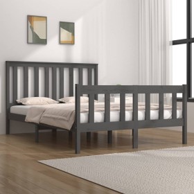 Solid gray pine wood double bed frame 135x190 cm by vidaXL, Beds and slatted bases - Ref: Foro24-3103885, Price: 167,99 €, Di...