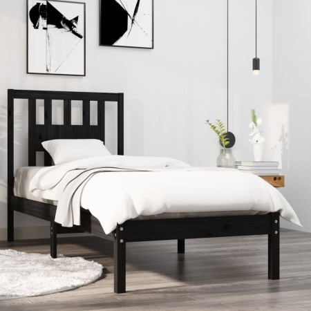 Black solid wood single bed frame 90x190 cm by vidaXL, Beds and slatted bases - Ref: Foro24-3104032, Price: 116,99 €, Discoun...