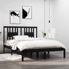 Black solid wood double bed frame 135x190 cm by vidaXL, Beds and slatted bases - Ref: Foro24-3104042, Price: 163,99 €, Discou...