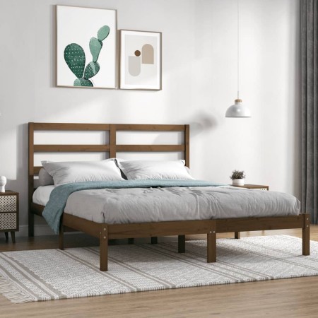 Honey brown solid wood double bed frame 135x190 cm by vidaXL, Beds and slatted bases - Ref: Foro24-3104911, Price: 122,99 €, ...