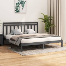 Gray solid wood double bed frame 180x200 cm by vidaXL, Beds and slatted bases - Ref: Foro24-3105267, Price: 175,99 €, Discoun...