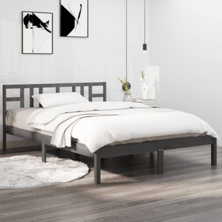 Double gray solid wood bed frame 135x190 cm by vidaXL, Beds and slatted bases - Ref: Foro24-3105382, Price: 143,46 €, Discoun...