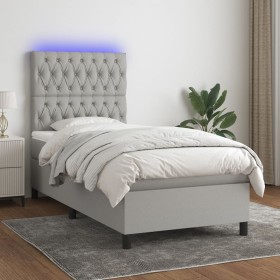 Box spring bed mattress and LED lights light gray fabric 90x190 cm by vidaXL, Beds and slatted bases - Ref: Foro24-3135077, P...