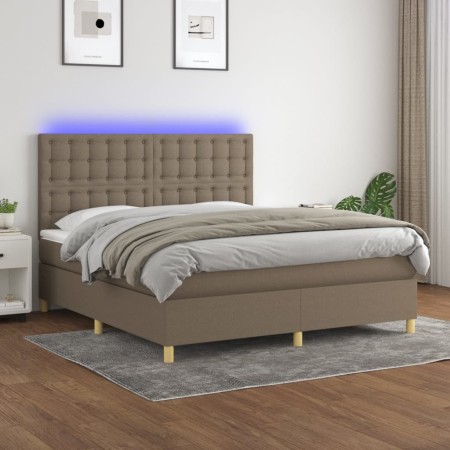 Boxspringbett mit Matratze und LED-Leuchten taupegrauer Stoff 180x200 cm von vidaXL, Betten und Lattenroste - Ref: Foro24-313...