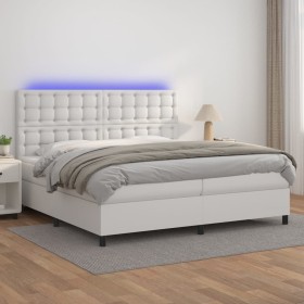 Box spring bed with mattress and LED white synthetic leather 200x200 cm by vidaXL, Beds and slatted bases - Ref: Foro24-31359...