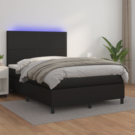 Box spring bed with mattress and LED black synthetic leather 140x200 cm by vidaXL, Beds and slatted bases - Ref: Foro24-31358...