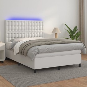 Box spring bed with mattress and LED white synthetic leather 140x200 cm by vidaXL, Beds and slatted bases - Ref: Foro24-31359...