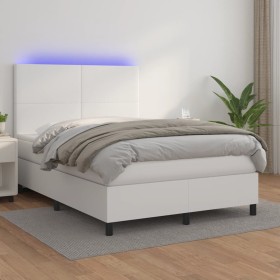 Box spring bed with mattress and LED white synthetic leather 140x200 cm by vidaXL, Beds and slatted bases - Ref: Foro24-31358...