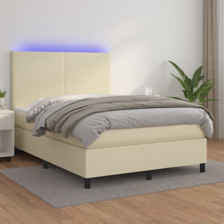 Box spring bed with mattress and LED cream synthetic leather 140x200 cm by vidaXL, Beds and slatted bases - Ref: Foro24-31358...