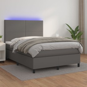 Box spring bed with mattress and LED gray synthetic leather 140x200 cm by vidaXL, Beds and slatted bases - Ref: Foro24-313582...