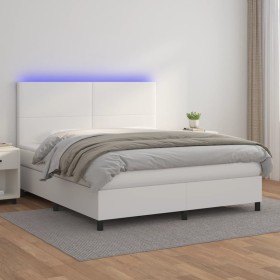 Box spring bed with mattress and LED white synthetic leather 180x200 cm by vidaXL, Beds and slatted bases - Ref: Foro24-31358...