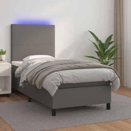 Box spring bed with mattress and LED gray synthetic leather 100x200 cm by vidaXL, Beds and slatted bases - Ref: Foro24-313581...