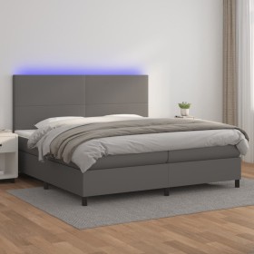 Box spring bed with mattress and LED gray synthetic leather 200x200 cm by vidaXL, Beds and slatted bases - Ref: Foro24-313584...