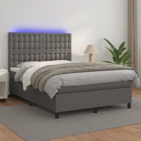 Box spring bed with mattress and LED gray synthetic leather 140x190 cm by vidaXL, Beds and slatted bases - Ref: Foro24-313594...