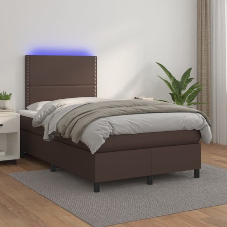 Cama box spring colchón y LED cuero sintético marrón 120x200 cm de vidaXL, Camas y somieres - Ref: Foro24-3135876, Precio: 46...