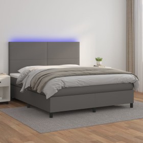 Box spring bed with mattress and LED gray synthetic leather 180x200 cm by vidaXL, Beds and slatted bases - Ref: Foro24-313584...