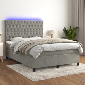 Box spring bed with mattress and LED light gray velvet 140x200 cm by vidaXL, Beds and slatted bases - Ref: Foro24-3136305, Pr...