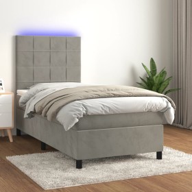 Box spring bed with mattress and LED light gray velvet 90x190 cm by vidaXL, Beds and slatted bases - Ref: Foro24-3136095, Pri...