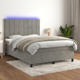 Box spring bed with mattress and LED light gray velvet 140x200 cm by vidaXL, Beds and slatted bases - Ref: Foro24-3136125, Pr...