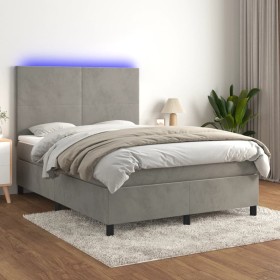 Box spring bed with mattress and LED light gray velvet 140x200 cm by vidaXL, Beds and slatted bases - Ref: Foro24-3136005, Pr...