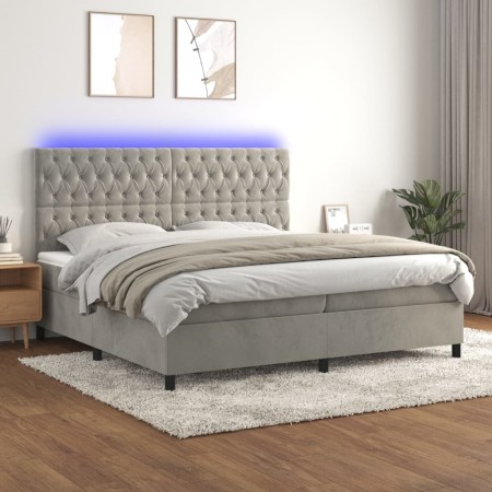 Box spring bed with mattress and LED light gray velvet 200x200 cm by vidaXL, Beds and slatted bases - Ref: Foro24-3136323, Pr...