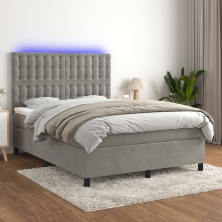 Box spring bed with mattress and LED light gray velvet 140x200 cm by vidaXL, Beds and slatted bases - Ref: Foro24-3136365, Pr...