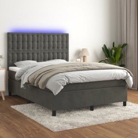 Box spring bed with mattress and LED dark gray velvet 140x200 cm by vidaXL, Beds and slatted bases - Ref: Foro24-3136366, Pri...