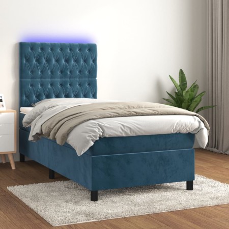 Box spring bed with mattress and LED dark blue velvet 90x190 cm by vidaXL, Beds and slatted bases - Ref: Foro24-3136279, Pric...