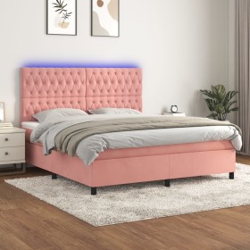 Box spring bed with mattress and LED pink velvet 160x200 cm by vidaXL, Beds and slatted bases - Ref: Foro24-3136316, Price: 5...