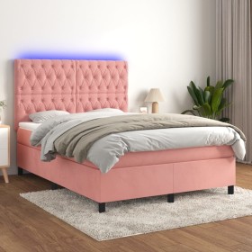 Box spring bed with mattress and LED pink velvet 140x190 cm by vidaXL, Beds and slatted bases - Ref: Foro24-3136304, Price: 5...