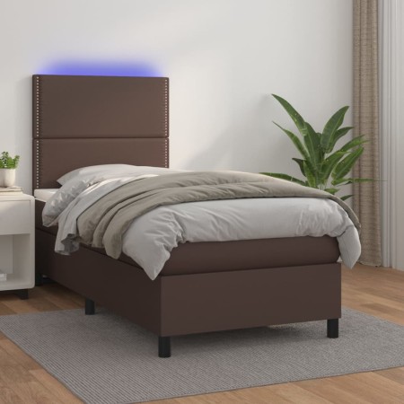 Box spring bed with mattress and LED brown synthetic leather 100x200 cm by vidaXL, Beds and slatted bases - Ref: Foro24-31358...